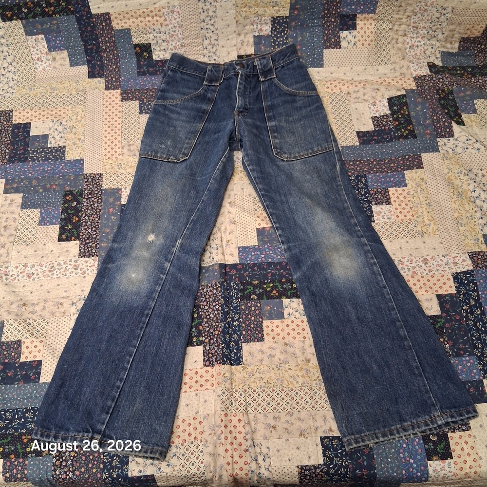 Vintage 1970s Girls Bell Bottom Jeans 24x25 Blue Denim Talon Zipper Flare Hippie